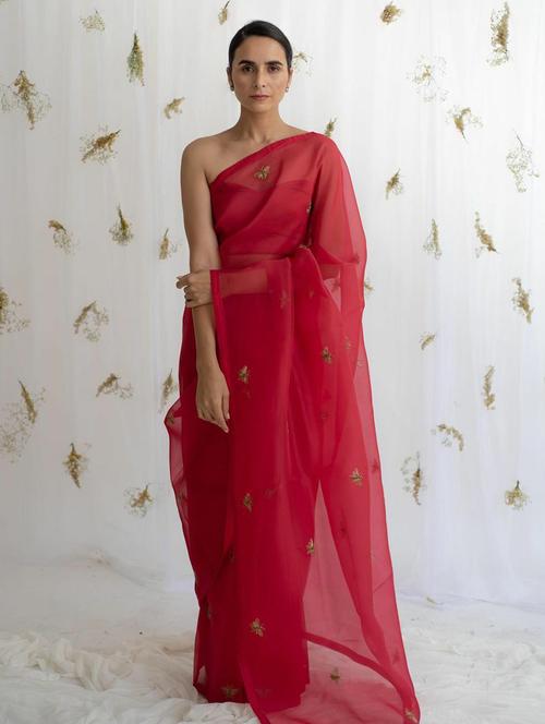 red self design printed saree with blouse - 19974090 - Very Small Image - 1