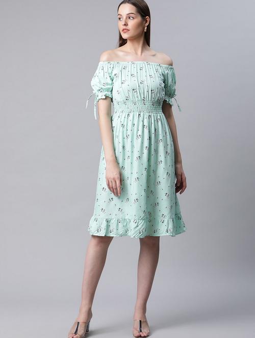 green floral print off shoulder a-line dress - 19975790 - Very Small Image - 1
