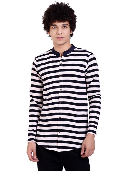mandarin neck stripes print t-shirt - 19976059 - Very Small Image - 1