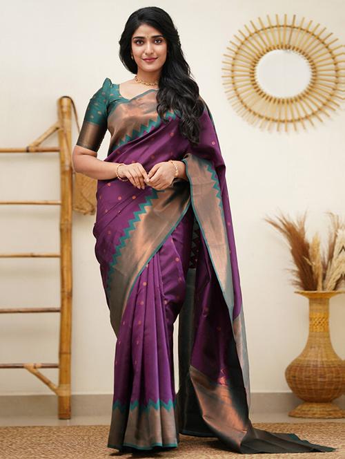 purple self design kanjivaram saree with blouse - 19979337 - Very Small Image - 1
