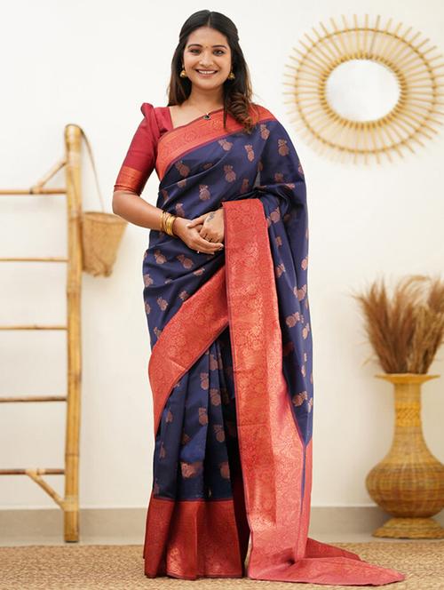 dark blue printed dharmavaram saree with blouse - 19979359 - Very Small Image - 1