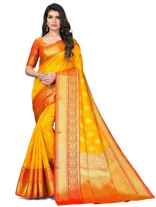 yellow self design kanjivaram saree with blouse - 19979436 - Very Small Image - 1