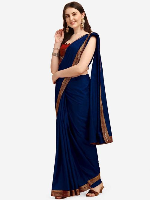 blue solid with borders saree with blouse - 19979514 - Very Small Image - 1