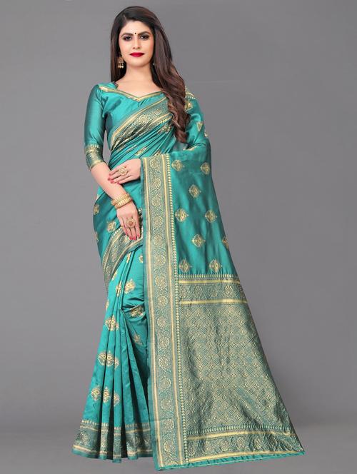 turquoise self design banarasi saree - 19979611 - Very Small Image - 1