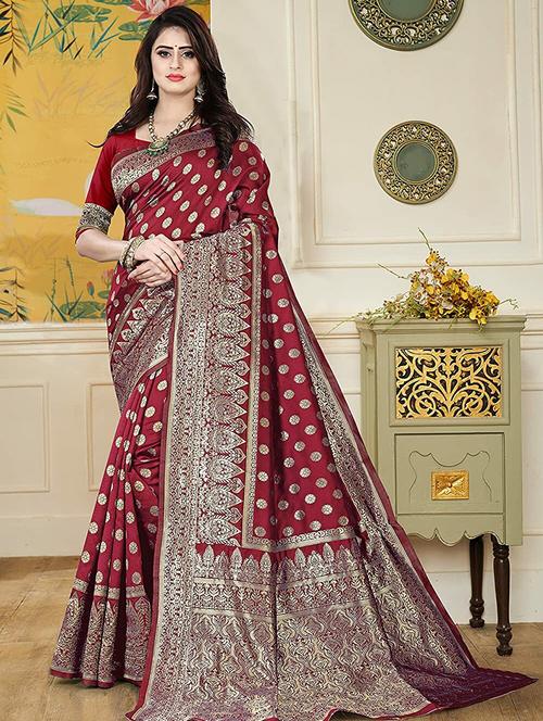 maroon self design kanjivaram saree with blouse - 19979620 - Very Small Image - 1