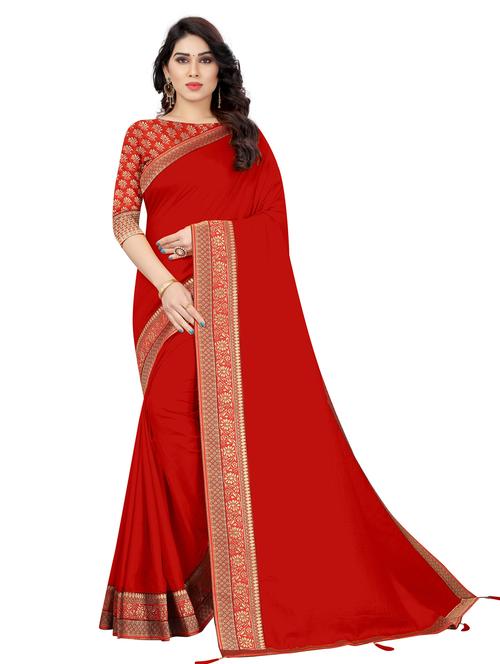 red solid with borders saree with blouse - 19979643 - Very Small Image - 1