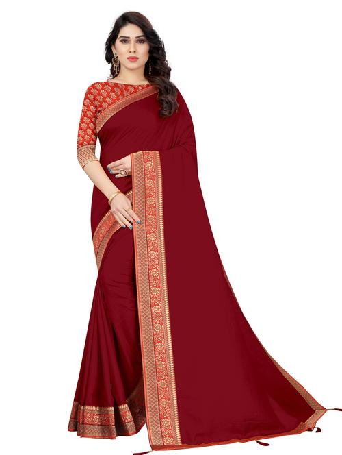 maroon solid with borders saree with blouse - 19979650 - Very Small Image - 1