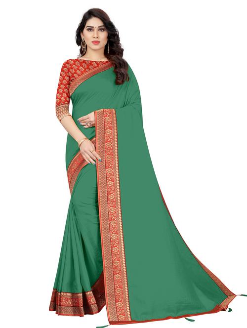 green solid with borders saree with blouse - 19979657 - Very Small Image - 1