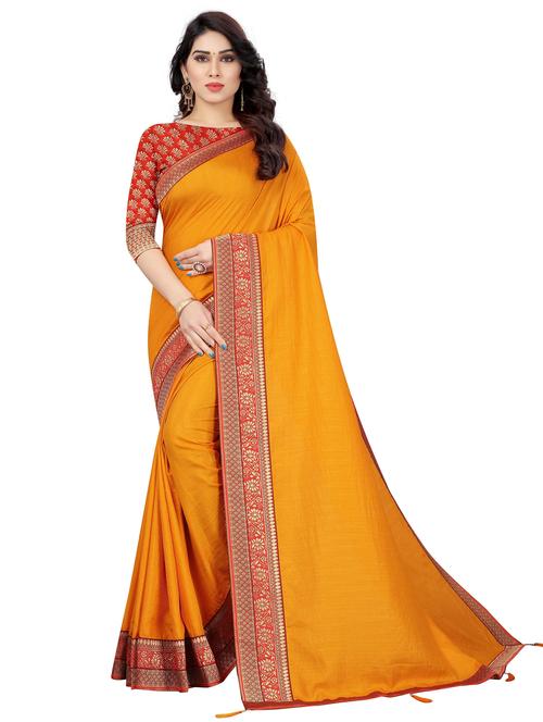 yellow solid with borders saree with blouse - 19979663 - Very Small Image - 1