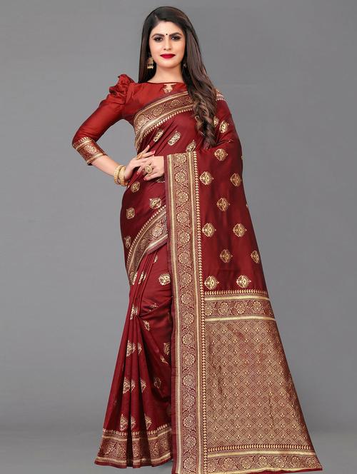 maroon self design banarasi saree with blouse - 19981838 - Very Small Image - 1