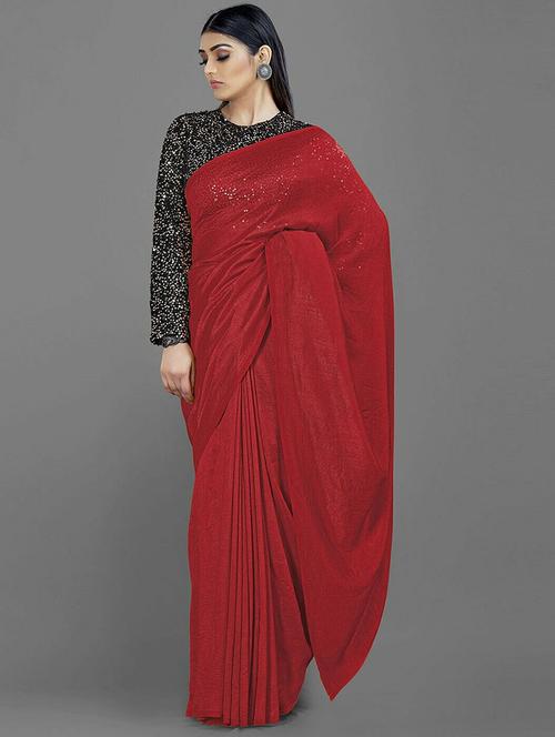 maroon solid plain saree with blouse - 19981869 - Very Small Image - 1