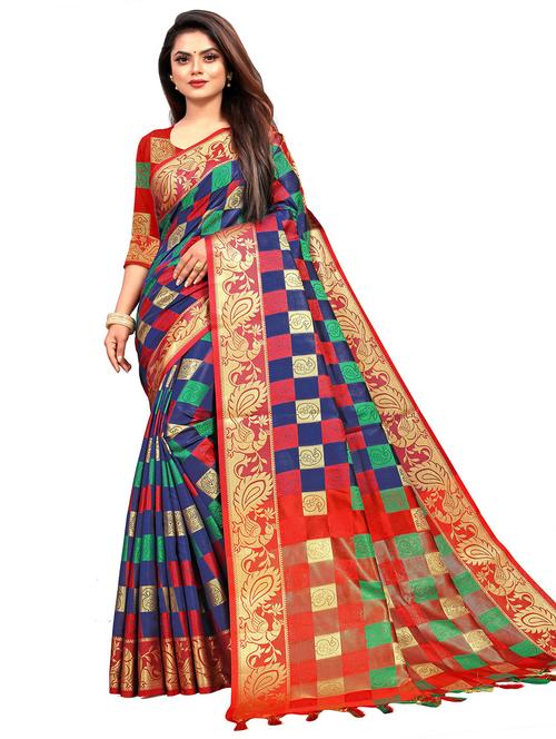 multi colored checkered printed saree with blouse - 19981899 - Very Small Image - 1