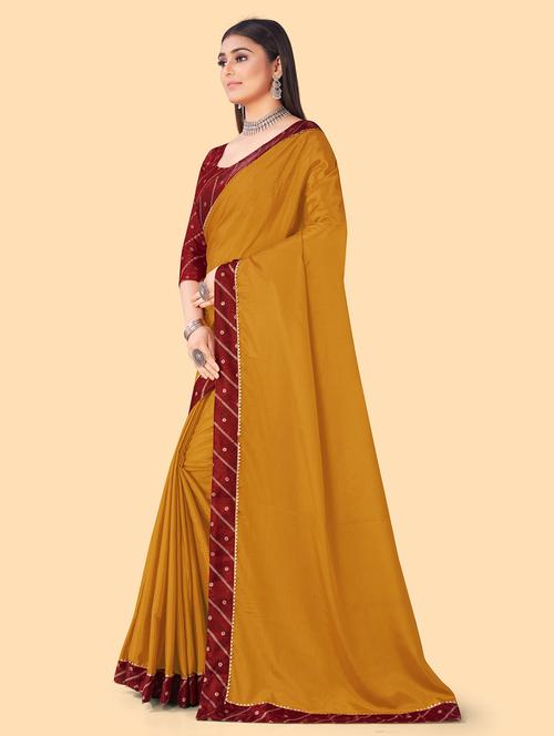 mustard solid with borders saree with blouse - 19981919 - Very Small Image - 1