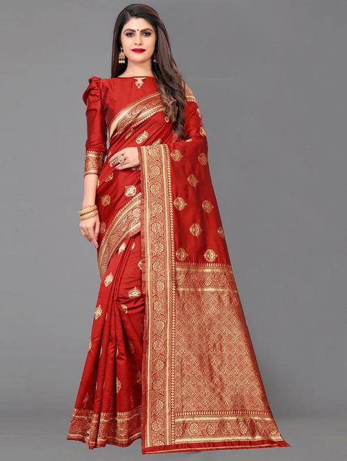 red self design banarasi saree with blouse - 19981946 - Very Small Image - 1