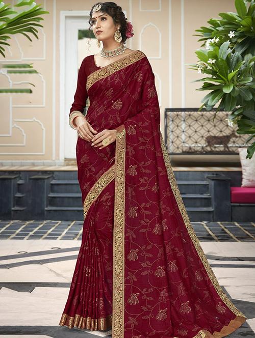 maroon floral printed saree with blouse - 19981966 - Very Small Image - 1