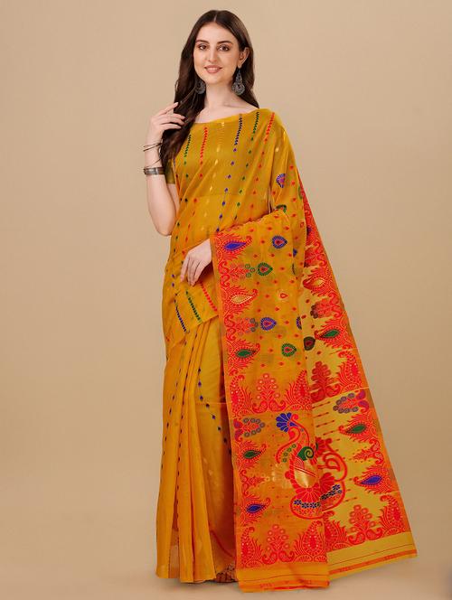 mustard printed jamdani saree with blouse - 19982004 - Very Small Image - 1