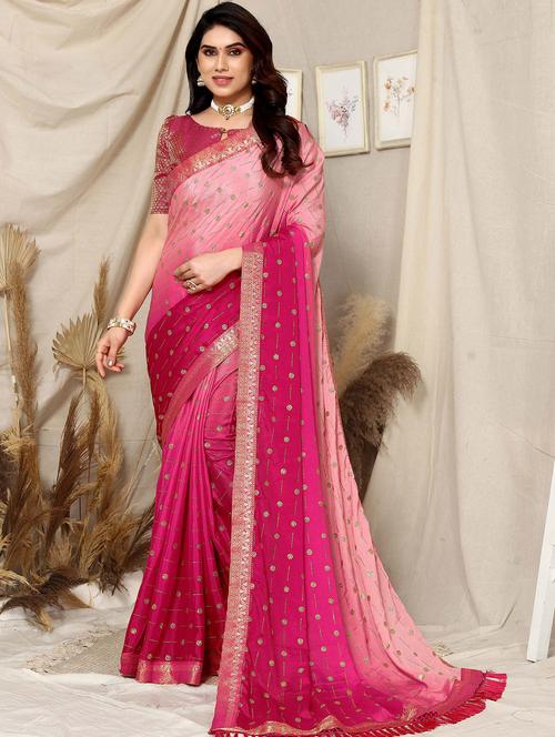 pink self design bordered saree with blouse - 19982005 - Very Small Image - 1