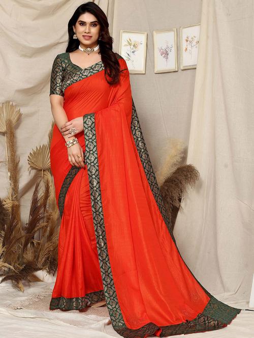 orange solid with bordered saree with blouse - 19982009 - Very Small Image - 1