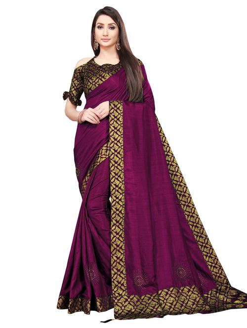 purple self design bordered saree with blouse - 19982029 - Very Small Image - 1