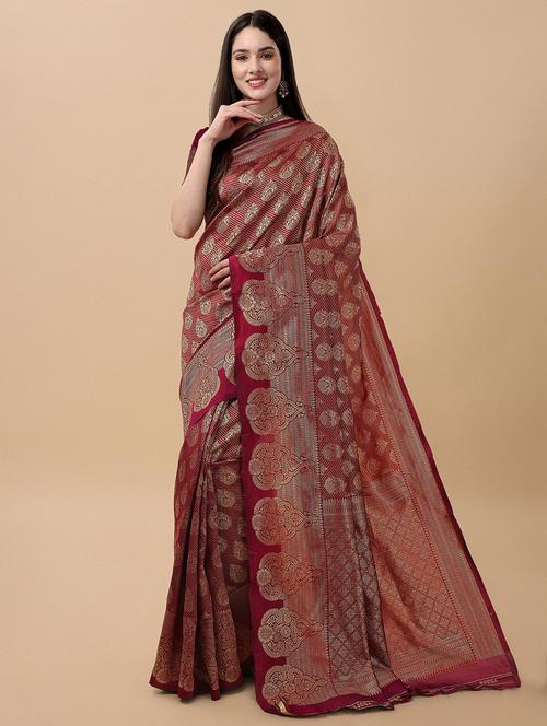 maroon art silk banarasi saree with blouse - 19982174 - Very Small Image - 1