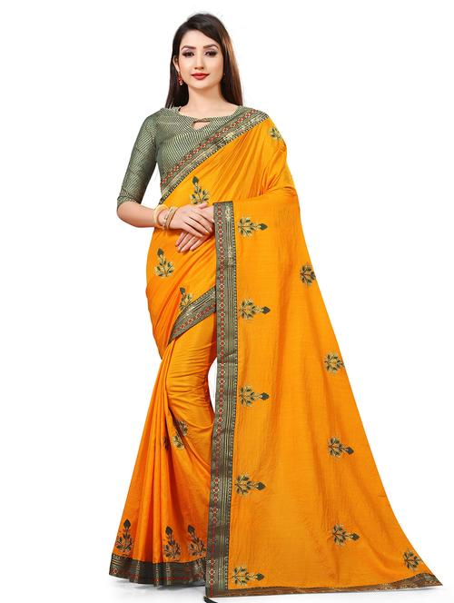 yellow silk blend bordered saree with blouse - 19982238 - Very Small Image - 1