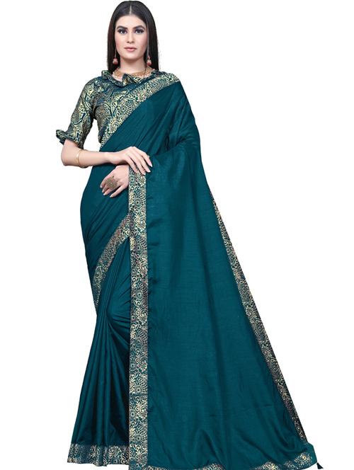 blue solid bordered saree with blouse - 19982319 - Very Small Image - 1