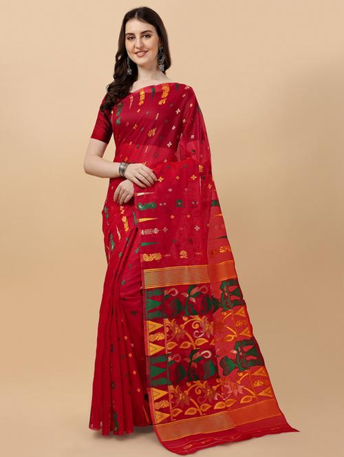 red printed jamdani saree with blouse - 19982353 - Very Small Image - 1