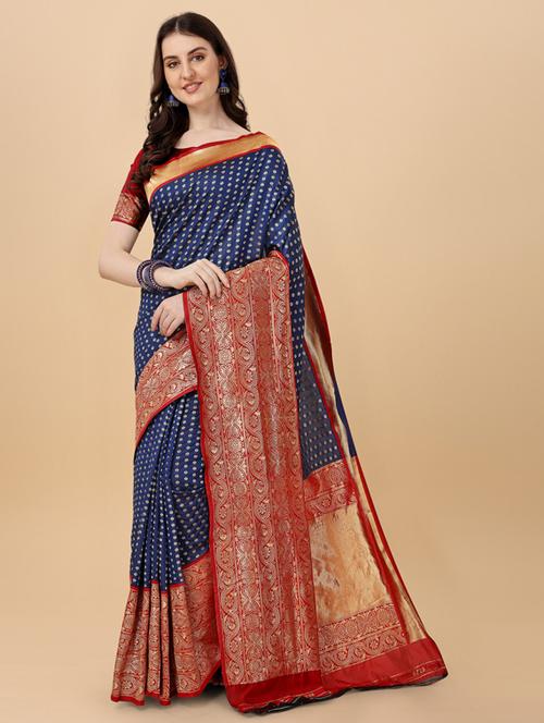 dark blue self design banarasi saree with blouse - 19982380 - Very Small Image - 1