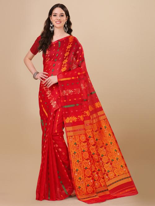red printed jamdani saree with blouse - 19982387 - Very Small Image - 1