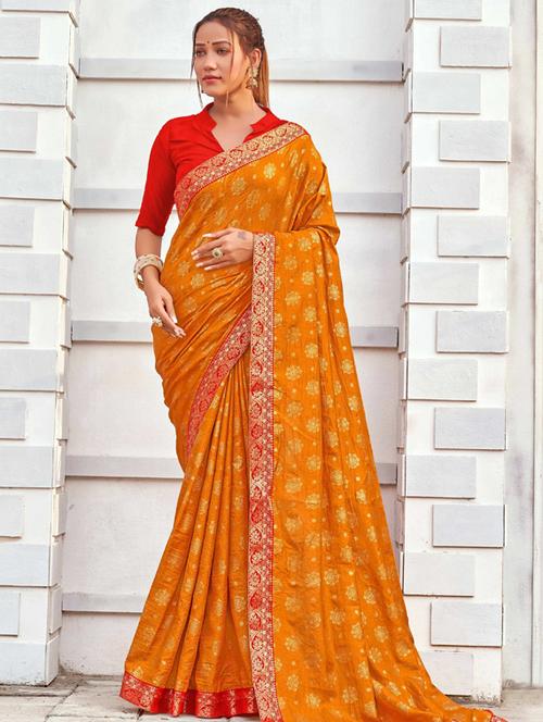 yellow self design banarasi saree with blouse - 19982464 - Very Small Image - 1