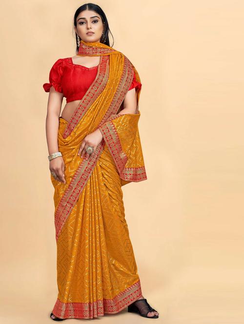 yellow printed saree with blouse - 19982481 - Very Small Image - 1