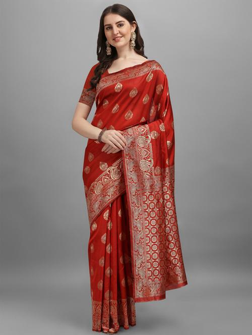 red self design banarasi saree with blouse - 19982496 - Very Small Image - 1
