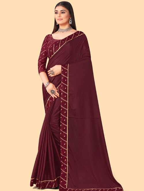 maroon solid bordered saree with blouse - 19982497 - Very Small Image - 1