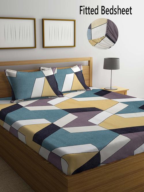 fabinaliv multicolor geometric 300 tc cotton blend super king size fitted double bedsheet with 2 pillow covers - 19982694 - Very Small Image - 1