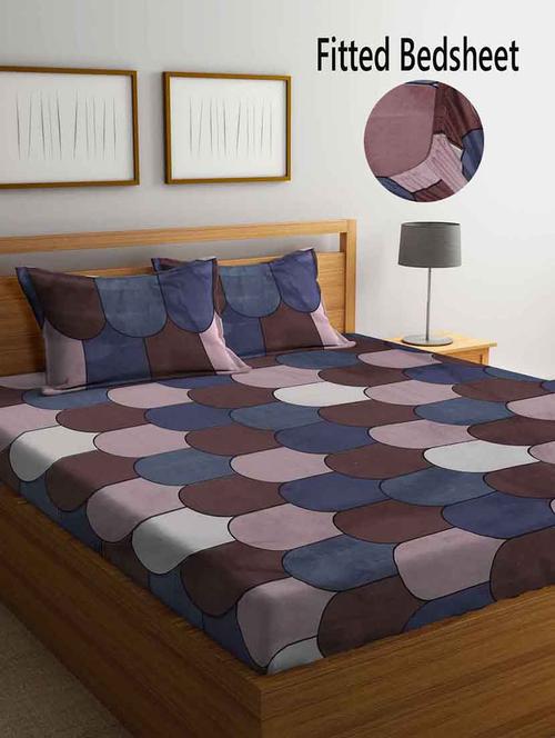 fabinaliv multicolor geometric 300 tc cotton blend super king size fitted double bedsheet with 2 pillow covers - 19982727 - Very Small Image - 1