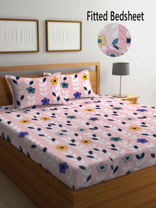 fabinaliv pink floral 300 tc cotton blend super king size fitted double bedsheet with 2 pillow covers - 19982729 - Very Small Image - 1