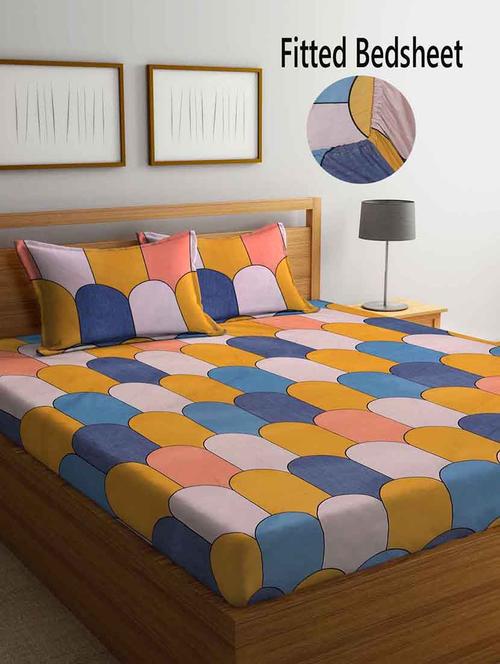 fabinaliv multicolor geometric 300 tc cotton blend super king size fitted double bedsheet with 2 pillow covers - 19982730 - Very Small Image - 1
