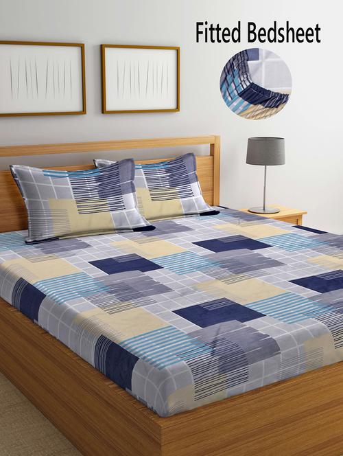 fabinaliv multicolor geometric 300 tc cotton blend super king size fitted double bedsheet with 2 pillow covers - 19982743 - Very Small Image - 1