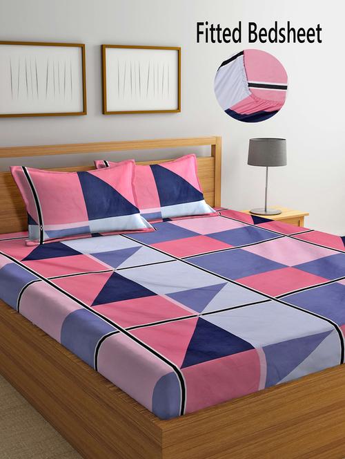 fabinaliv multicolor geometric 300 tc cotton blend super king size fitted double bedsheet with 2 pillow covers - 19982746 - Very Small Image - 1