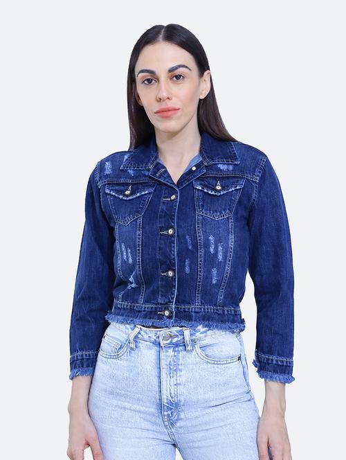 dark blue spread collar long sleeve denim jacket - 19982773 - Very Small Image - 1