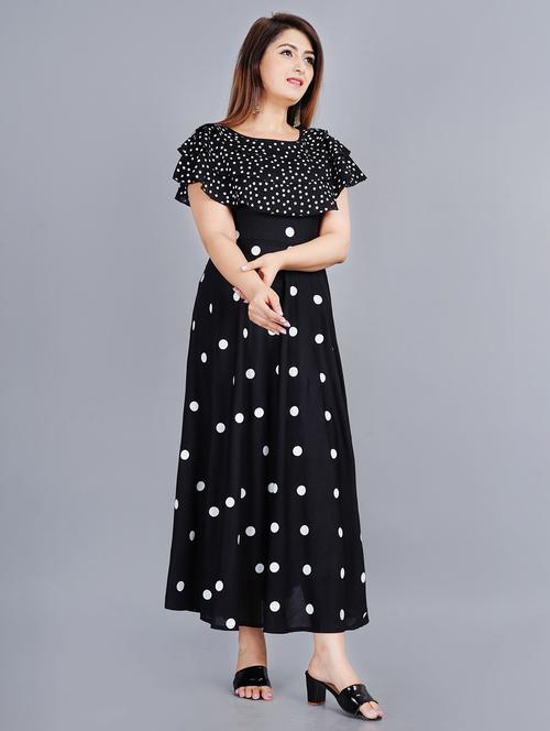 black polka doted cape sleeves fit & flare maxi dress - 19983341 - Very Small Image - 1