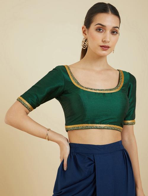 green solid round neck stitched blouse - 19984205 - Very Small Image - 1