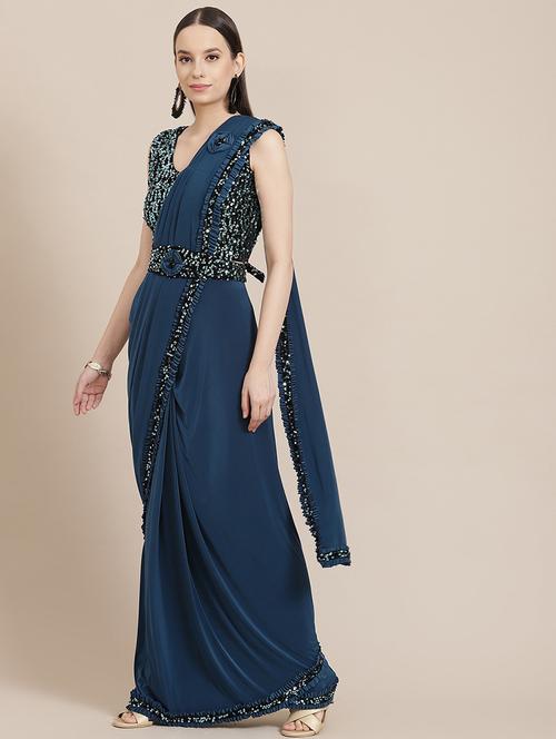 solid bordered pre-draped saree with blouse - 19984279 - Very Small Image - 1