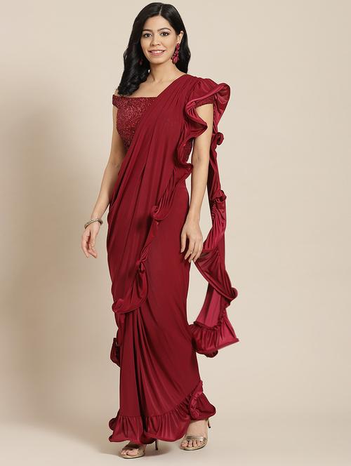 solid ruffled pre-draped saree with blouse - 19984301 - Very Small Image - 1