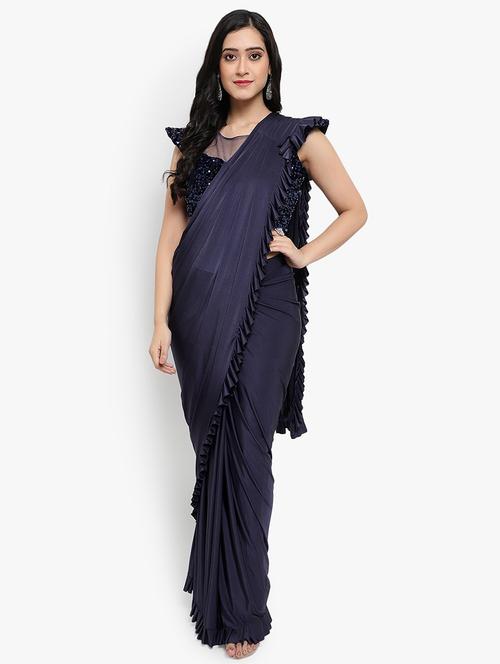 solid ruffled pre-draped saree with blouse - 19984310 - Very Small Image - 1