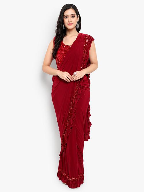 solid bordered pre-draped saree with blouse - 19984328 - Very Small Image - 1