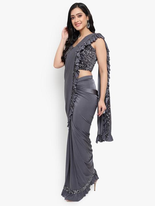 solid bordered pre-draped saree with blouse - 19984332 - Very Small Image - 1