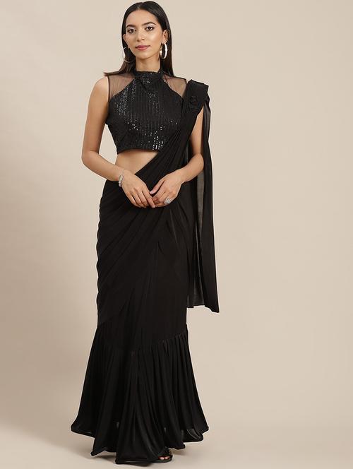 solid pre-draped saree with blouse - 19984337 - Very Small Image - 1