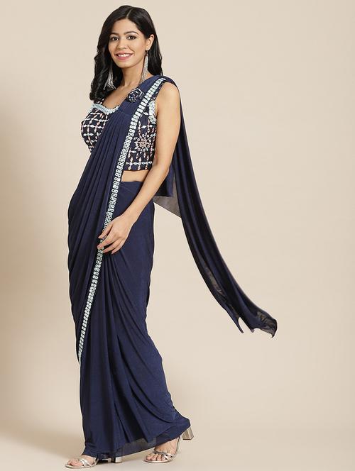 solid bordered pre-draped saree with blouse - 19984361 - Very Small Image - 1