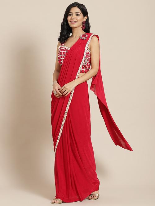 solid bordered pre-draped saree with blouse - 19984396 - Very Small Image - 1